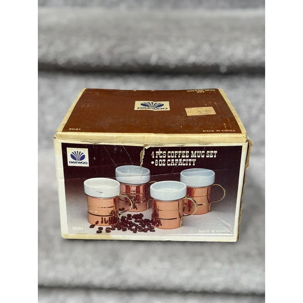 Vintage 70s Copper Coffee Mug Set Daewoo Brass Handle Korea Retro Rustic Barware